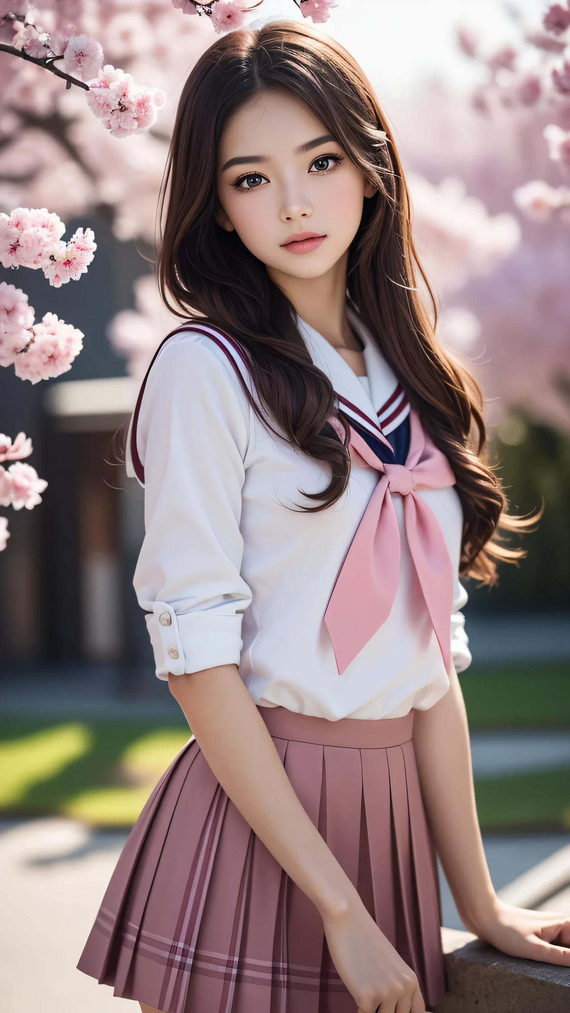 (1girl), (Best Quality:1.4), (Ultra-detailed), (extremely detailed CG unified 8k wallpaper), Highly detailed, High-definition raw color photos, Professional Photography, Peanut butter brown hair, Amazing face and eyes, Pink eyes, (amazingly beautiful girl), sailor uniform, school uniform, School, Spring, cherry blossoms,