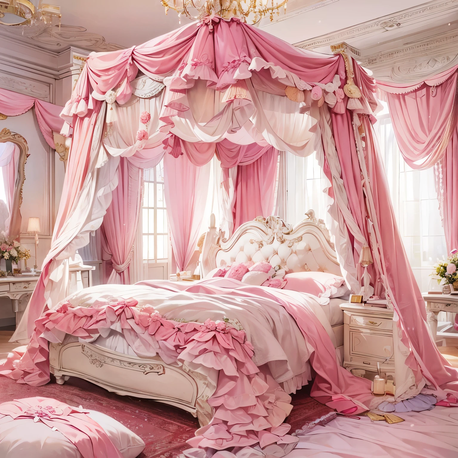 (masterpiece, 最high quality, high quality, High resolution, Super detailed), (King size luxury princess bed with pink giant canopy),luxurious square canopy,four poster bed,pink ruffled curtains,fluffy pillow with frills,many frilly pillows on the bed,A soft and fluffy futon,Lovely princess duvet cover,bed skirt with ruffles,high qualityのプリンセスベッド,The entire bed is reflected,luxury mansion bedroom,