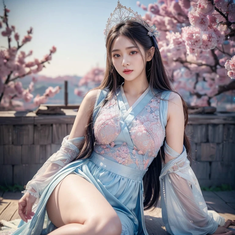 Blue sky and white clouds，Yunshan is far away，pink flowers，Cherry tree，Hanfu woman,Phoenix Crown Tiara、Detailed embroidery、Wearing Hanfu pantyhose、Wearing sleeveless Hanfu、Transparency is clearly visible、Look, it’s huge、raw,(8k、quality、masterpiece:1.8)、(intricate details:1.8)、(Realism:1.8)、Octane number renderings、Complex 3D renderings with ultra-details, Studio soft lighting, edge light, Vibrant details, Super details, Realistic skin texture, Details, beautiful eyes, Very detailed CG Unity 16k wallpaper, cosmetic, (Detailed background:2.0), skin glowing、spread your legs，Camel toe showing thigh!!!、