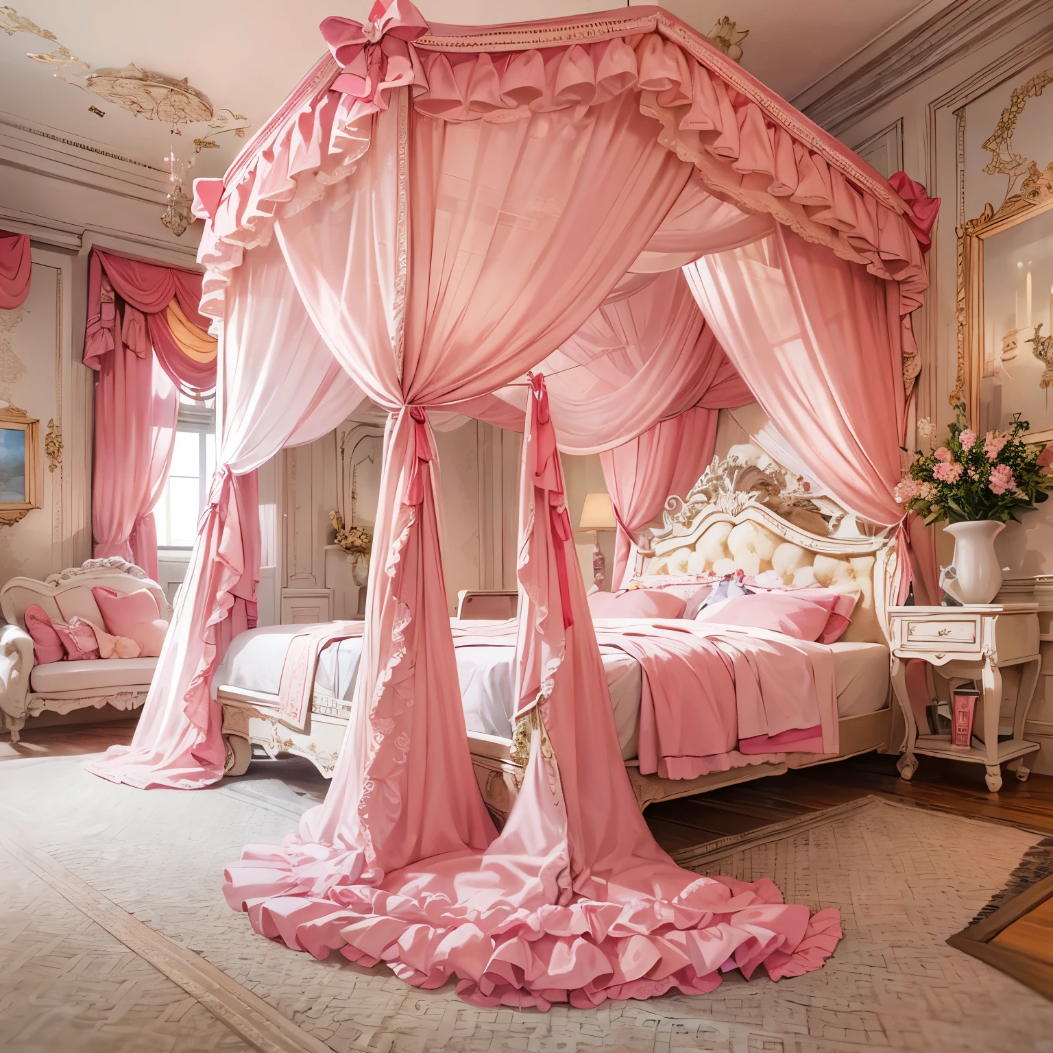 (masterpiece, 最high quality, high quality, High resolution, Super detailed), (King size luxury princess bed with pink giant canopy),luxurious square canopy,four poster bed,pink ruffled curtains,fluffy pillow with frills,many frilly pillows on the bed,A soft and fluffy futon,Lovely princess duvet cover,bed skirt with ruffles,high qualityのプリンセスベッド,The entire bed is reflected,luxury mansion bedroom,