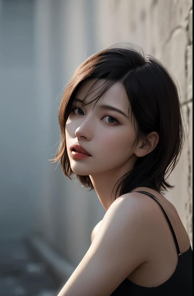 cinematic lighting、perfect、soft light、High resolution skin:1.2、realistic skin texture、Tifa Lockhart、small face、30 years old mature woman、no makeup、natural makeup、Detailed beautiful eyes、short hair、Dark brown color、Bust B Cup、、cool pose、sexy pose、Full-body photographs、Beautiful style、Background concrete wall、