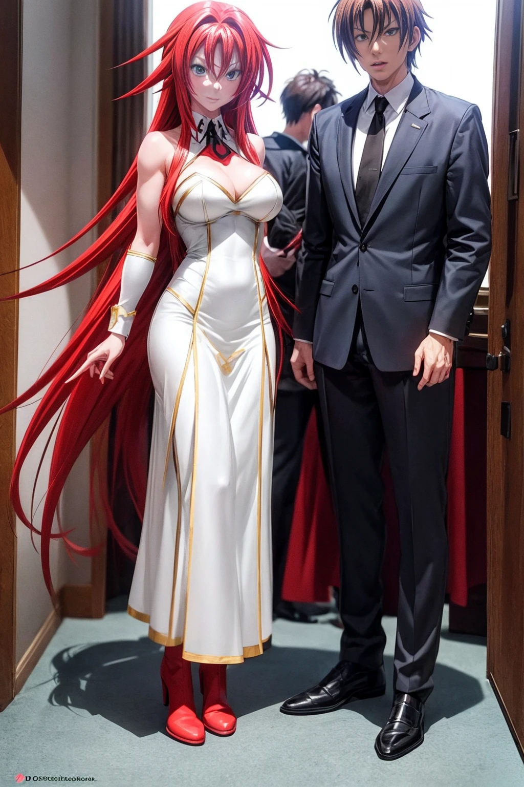 Rias Gremory wearing Power Girl Costume, Disfraz de Power Girl, superhombre, Superchica, rias gremory, Traje blanco, Capa roja, botas rojas, hermoso cuerpo