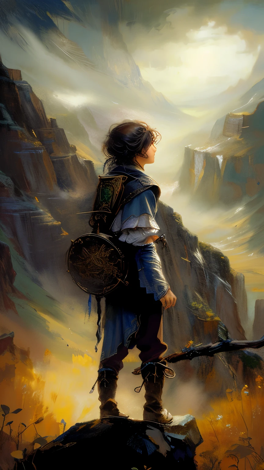 painting of a  standing on a rock with a backpack and a stick, louis royo, lord of the ring art, a wanderer on a mountain, painted by andreas rocha, greg olsen, award - winning epic painting, high fantasy. royo, tomas kinkade, epic oil painting, inspired by Michael Komarck, detailed painting 4 k, by Rodel Gonzalez