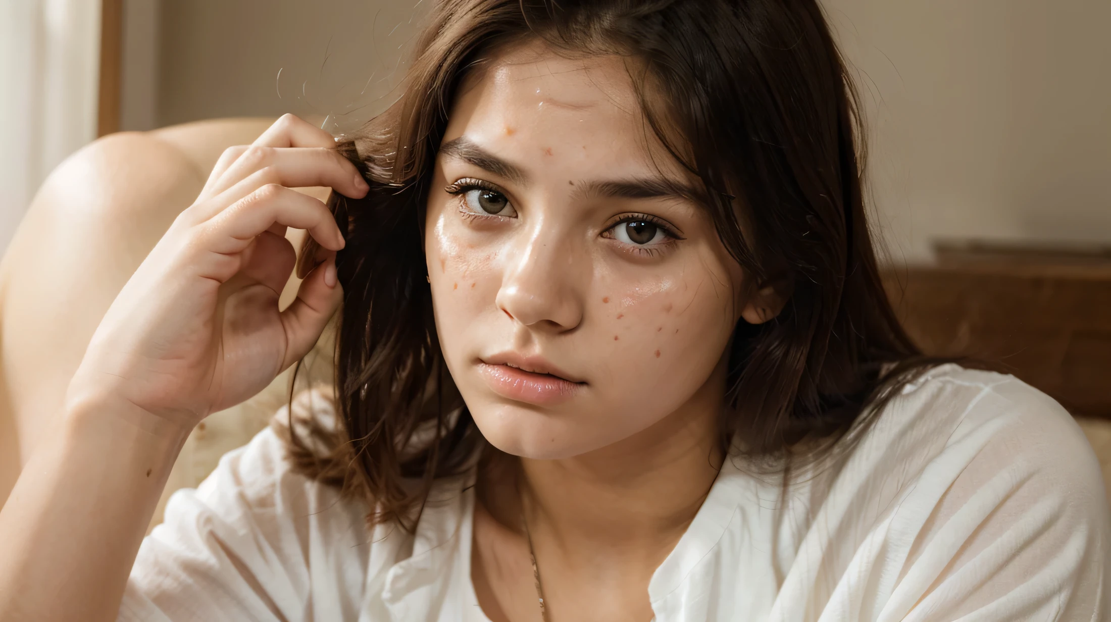 A beautiful girl looks worried due to pimples and acne on her face