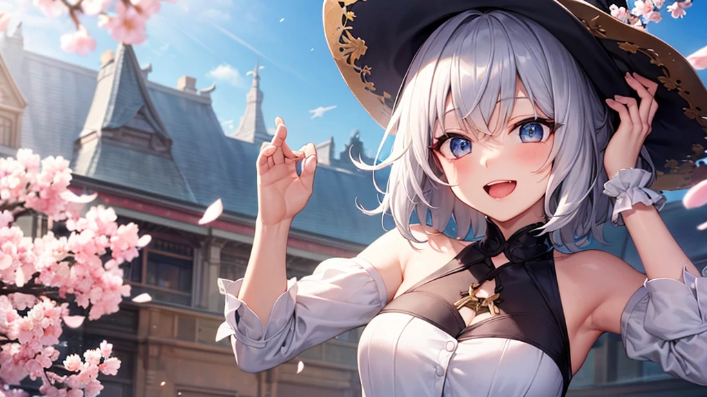 super high quality, with a girl, 20-year-old, very short hair, long bangs between the eyes, gray eyes , blue sky, sunlight, very detailed,(masterpiece、highest quality)、alone、gray hair、laughter、fantasy, silver hair, black eye, beautiful eyes,, ecstasy, charm, be smitten with audience, fantasyな風景、Princess、white clothes、cherry blossoms、hat