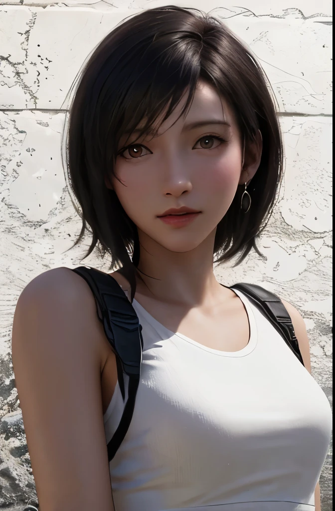 (masterpiece), (highest quality), 8K resolution, Super detailed, Super detailed, realistic, photograph, photorealisticim, (1girl), Tifa Lockhart、small face、30 years old mature woman、no makeup、natural makeup、Detailed beautiful eyes、short hair、Dark brown color、Bust B Cup、、cool pose、全身の写ったphotograph、Beautiful style、Background concrete wall、