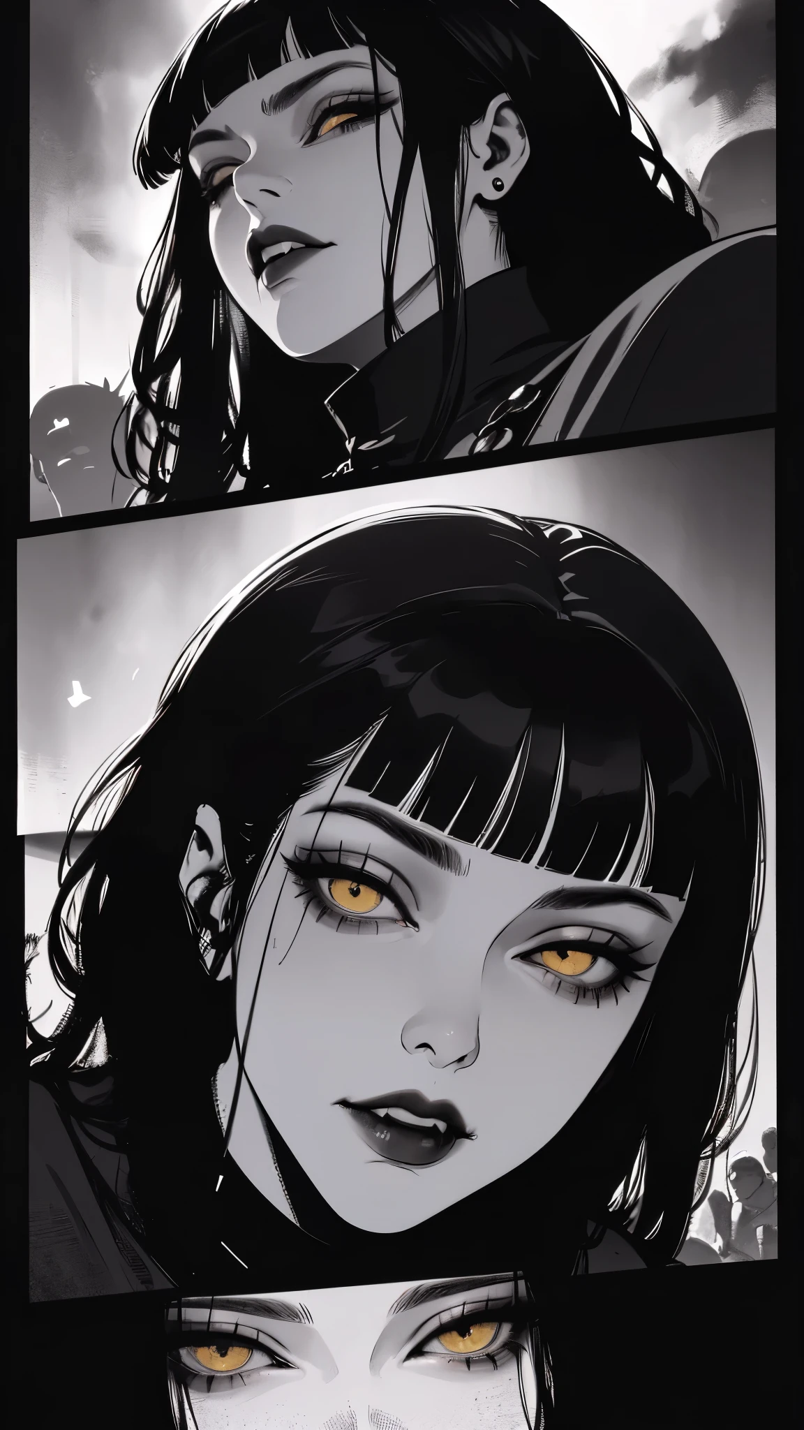 high detail, masterpiece, dramatic lighting(absurdres, highres, ultra detailed), extremely detailed CG unity 8k. mature face, adult woman, woman, mature woman, piercings, medium black and white hair and bangs, fangs, yellow eyes, black modest clothing, mad expression, full body, blood