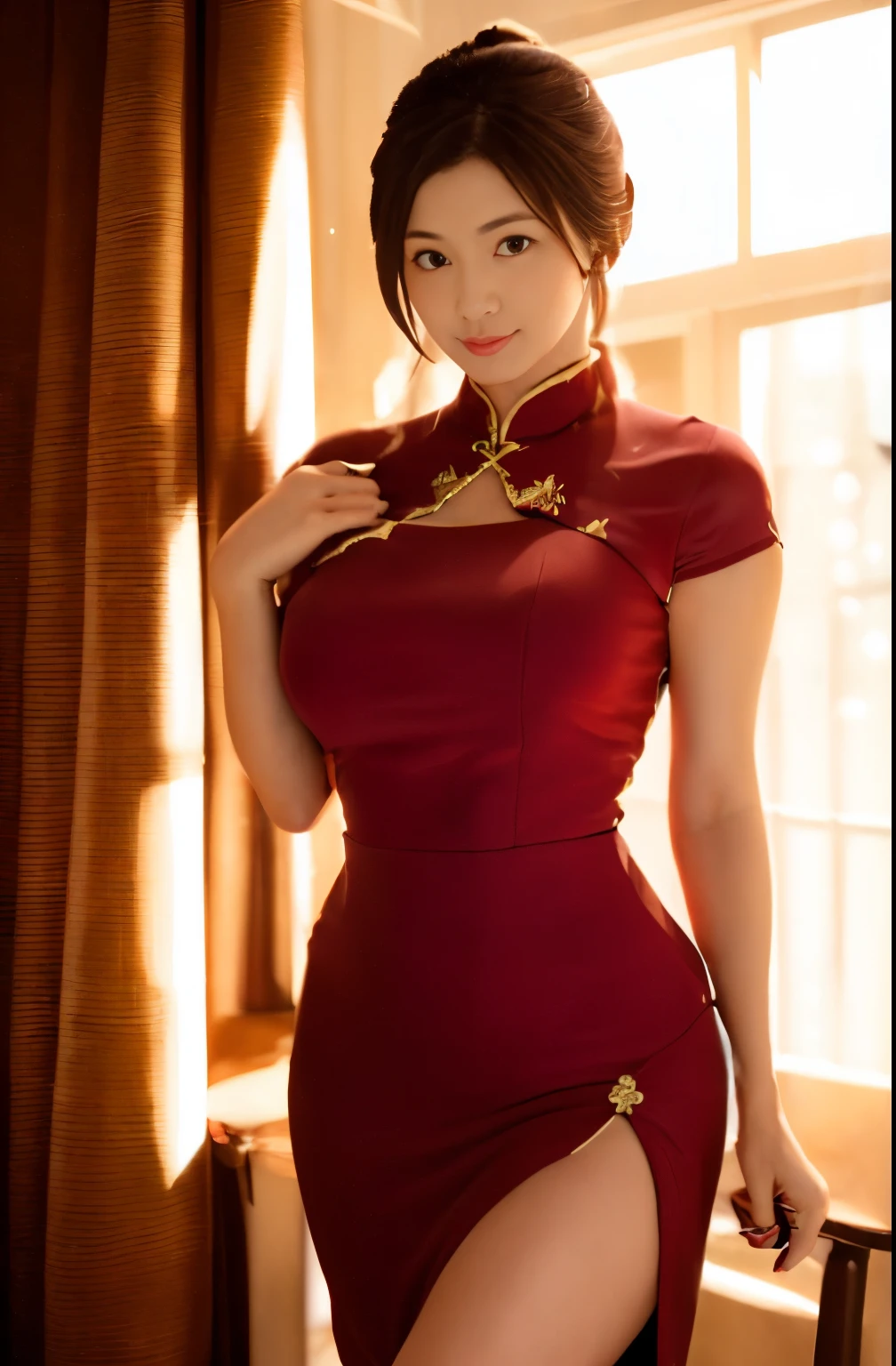 Claire Redfield from Resident Evil, posing seductively to viewer, solo:1, pov, beautiful thick thighs, standing
Sunny changing room background, long auburn hair, 3/4 body, Red chinese oriental dress