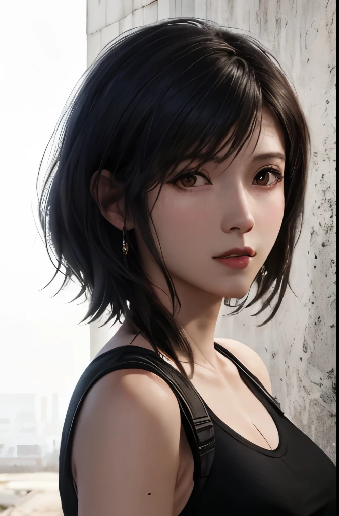 (masterpiece), (highest quality), 8K resolution, Super detailed, Super detailed, realistic, photograph, photorealisticim, (1girl), Tifa Lockhart、small face、30 years old mature woman、no makeup、natural makeup、Detailed beautiful eyes、short hair、Dark brown color、Bust B Cup、、cool pose、全身の写ったphotograph、Beautiful style、Background concrete wall、