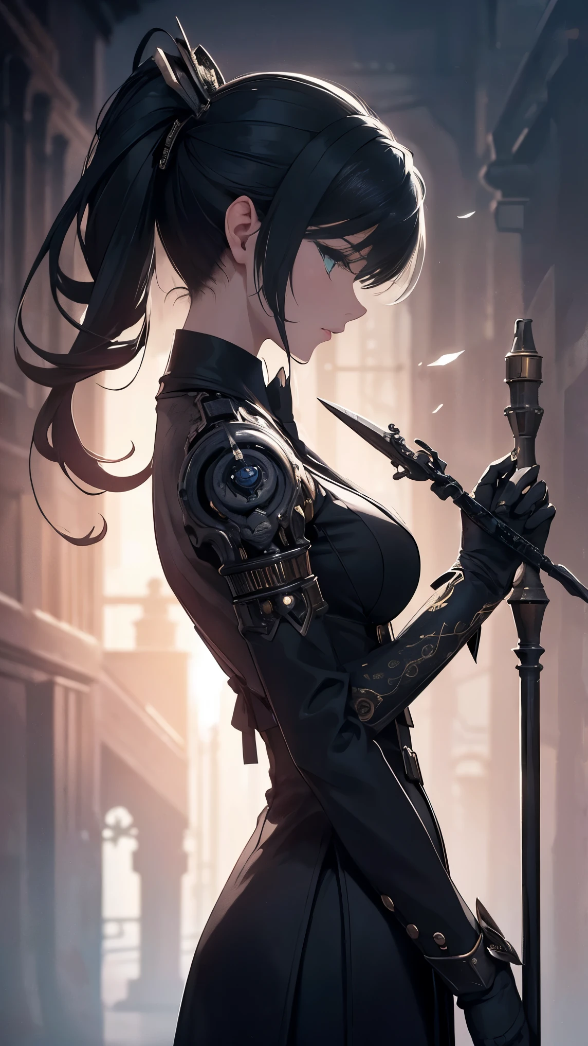 Robot female Butler with Mechanical Engineering Profile, steampunk tie, detail soft shadow, Mechanical face with an ennui atmosphere, Mechanical decorative cane with one hand, from below, Mechanically, with intricate and insane details, About the intricately detailed butler uniform, subtle lighting elements, cool beauty mechanical, Full body shot, From Side, nice cyber butler outfit, An atmosphere of beauty like a finely honed blade, very fine shadows, drizzle doodle background, eternal time clock, It feels like the wind of eternity. Lonely atmosphere, dim white lighting, street art graffiti inspiration, Eyes that show sadness, brave expression, darkest twilight, Detail of darkest core oil paint illustration, ultra-clear details, very clear texture, complex brush strokes, High quality, High resolution, of the highest quality,
