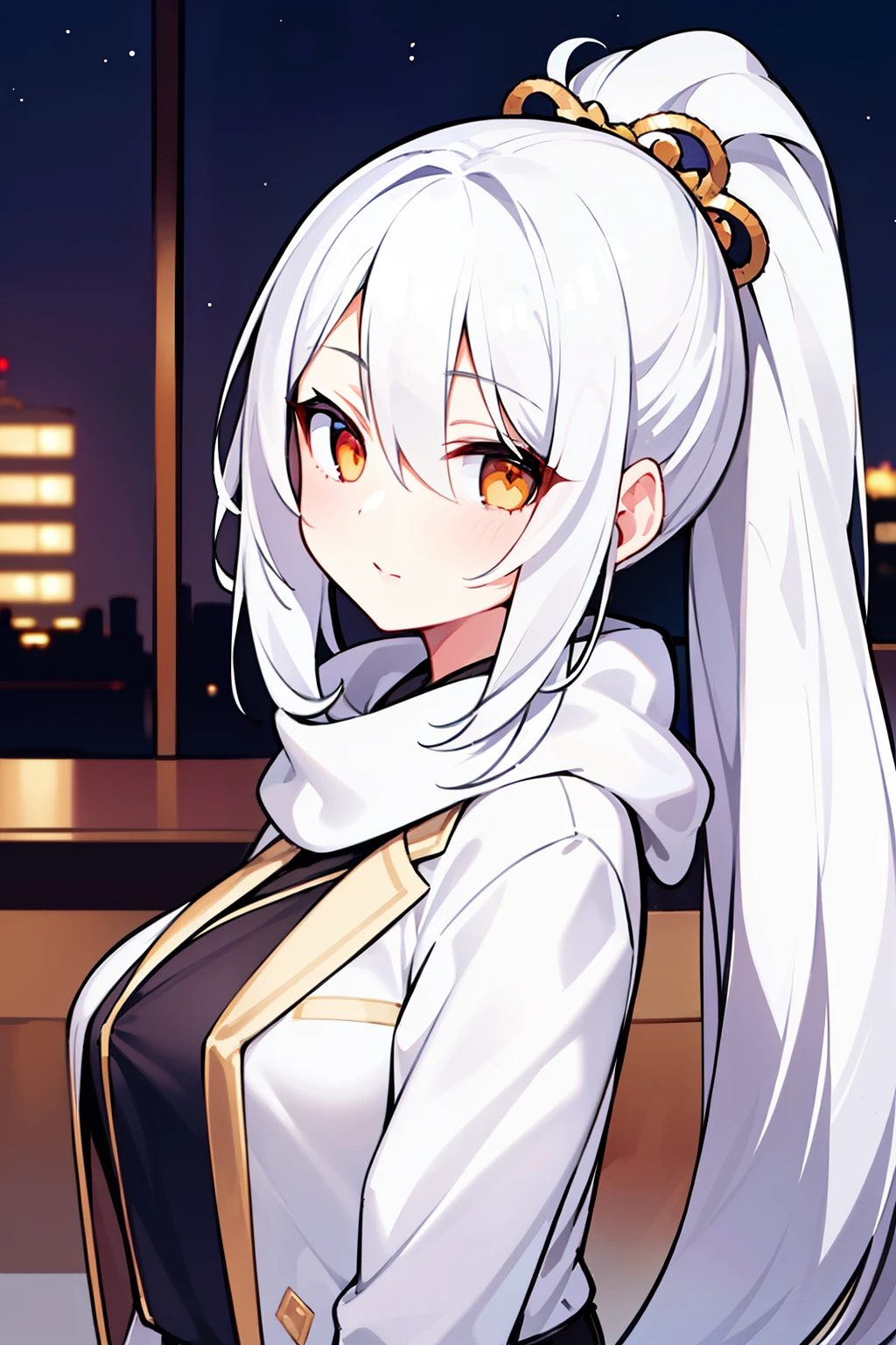 masterpiece, best quality, 1 girl, white hair, long hair, high ponytail, looking at the audience, golden eyes,charming, scarf,Characteristics of the Soul Clan,A hotel at night,White clothes,B cup