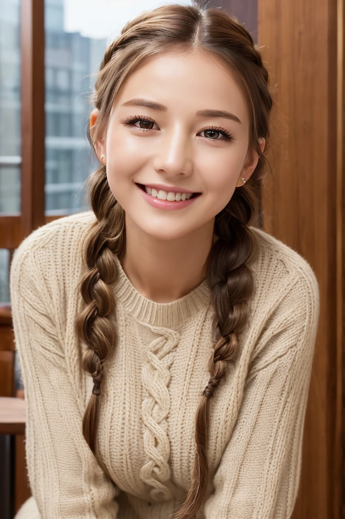 ((Best quality, 8k, Masterpiece :1.3)), 1girl,restaurant, Pretty woman with slender,Huge breasts, Medium Hair, Shiny Hair, Braids,Cable-knit Sweater, Half Smile, Ultra-detailed face,Leaning Forward, cute eyes, Double eyelid