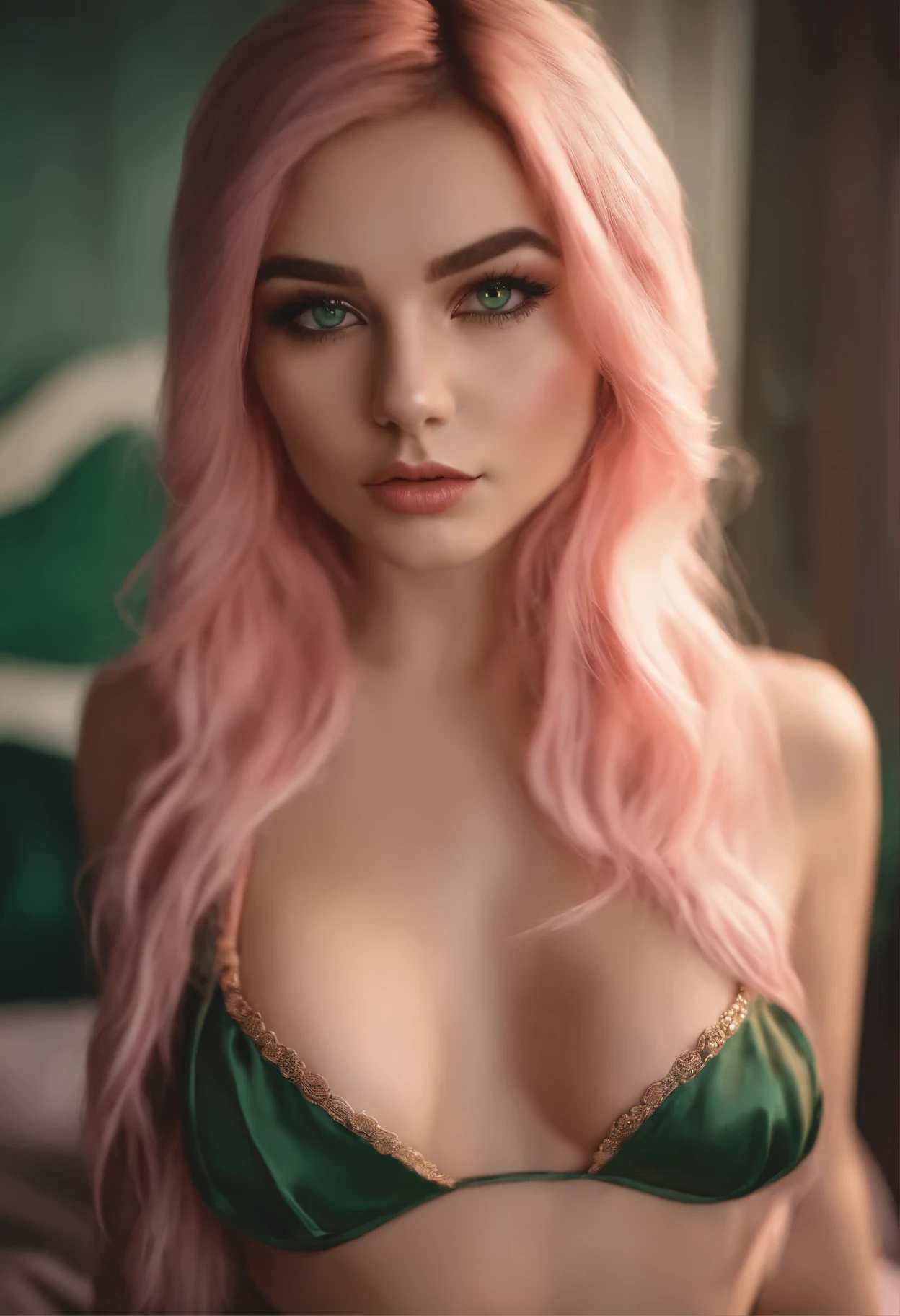 ahegao sexy young girl, dark green eyes, ultra realistic, fox makeup, meticulously detailed, portrait, blonde and pink ombre hair, bedroom, bikini