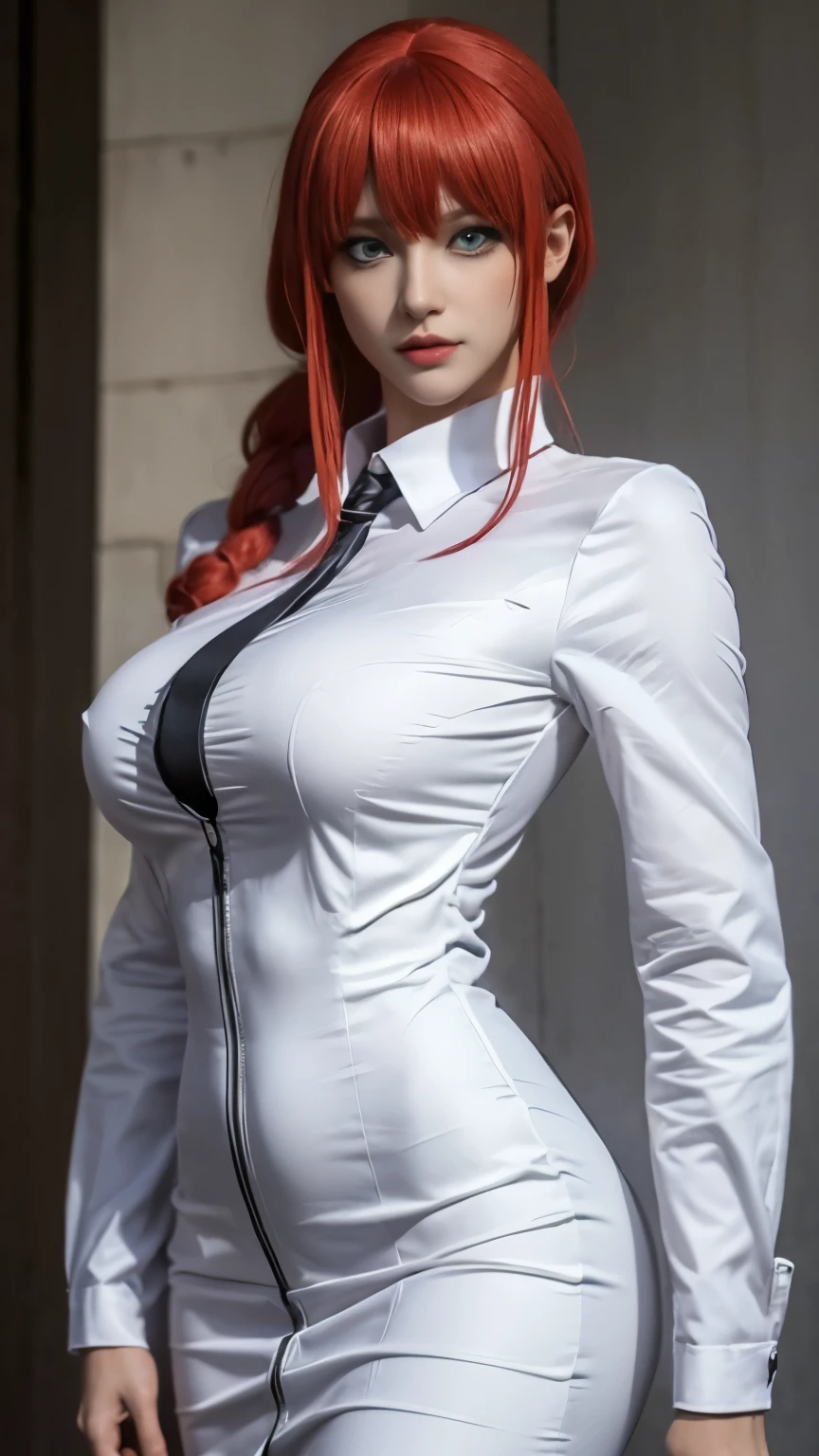 , ((anime cosplay)), 1 girl, wide range photoshoot, wide range, (milf), beautiful face, clear face, ((hot body)), ((makima dress)), Wearing office suit, ((white full sleeve shirt and full leg black pant)), ((chainsaw man)), ((assassin suit dress)), ((cosplay dress)), ((((Huge breasts: 0.8)))), ((no breasts)), coverd, (((Realistic))), ((well dressed)), waist curve pose, front side, (8k, RAW photo, top quality, masterpiece), (Realistic, photorealistic: 1.9), ((Full body shot)), stylish pose, ((Highly detailed skin: 1.2)), ((Realistic: 1.9)), Photos, masterpieces, top quality, (beautiful blue eyes, gorgeous red hair, white skin, thick body, lower abdomen bristles, perfect slim figure), various poses, ultra-detailed face, detailed eyes, a lot of people are looking at her with excitement, (((no close-up)))