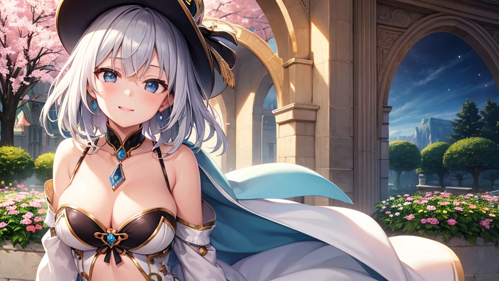 super high quality, with a girl, 20-year-old, very short hair, long bangs between the eyes, gray eyes , blue sky, sunlight, very detailed,(masterpiece、highest quality)、alone、gray hair、laughter、fantasy, silver hair, black eye, beautiful eyes,, ecstasy, charm, be smitten with audience, fantasyな風景、Princess、white clothes、cherry blossoms、hat、night