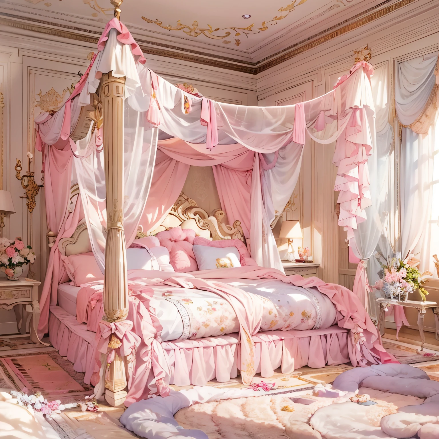(masterpiece, 最high quality, high quality, High resolution, Super detailed), (King size luxury princess bed with pink giant canopy),luxurious square canopy,four poster bed,pink ruffled curtains,fluffy pillow with frills,many frilly pillows on the bed,A soft and fluffy futon,Lovely princess duvet cover,bed skirt with ruffles,high qualityのプリンセスベッド,The entire bed is reflected,luxury mansion bedroom,