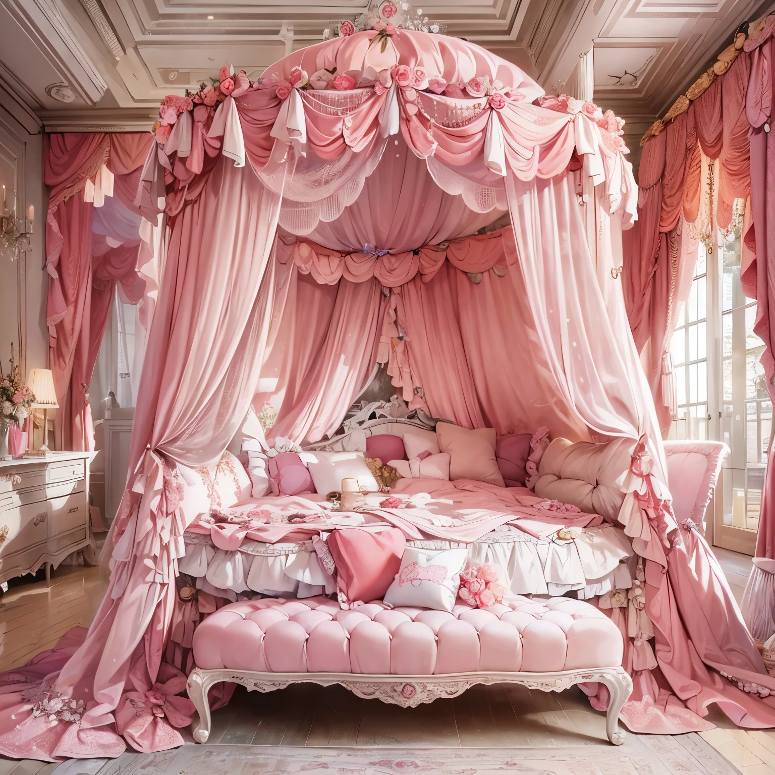 (masterpiece, 最high quality, high quality, High resolution, Super detailed), (King size luxury princess bed with pink giant canopy),luxurious square canopy,four poster bed,pink ruffled curtains,fluffy pillow with frills,many frilly pillows on the bed,A soft and fluffy futon,Lovely princess duvet cover,bed skirt with ruffles,high qualityのプリンセスベッド,The entire bed is reflected,luxury mansion bedroom,