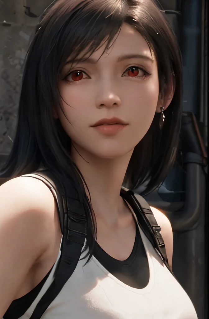 (masterpiece), (top-quality), 8K分辨率, ultra-detailliert, ultra-detailliert, realisitic, a picture, photorealisim, (1girl), tifa, Final Fantasy VII, Tifa Lockhart, concrete wall,metal pipes,Details red eyes,Detailed double eyelids,Short Hair Dark Brown Color,slender figure,Model body type,bustBcups,