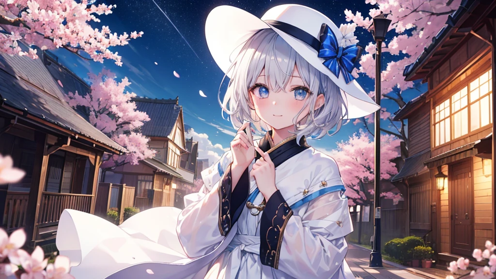 super high quality, with a girl, 20-year-old, very short hair, long bangs between the eyes, gray eyes , blue sky, sunlight, very detailed,(masterpiece、highest quality)、alone、gray hair、laughter、fantasy, silver hair, black eye, beautiful eyes,, ecstasy, charm, be smitten with audience, fantasyな風景、Princess、white clothes、cherry blossoms、hat、night