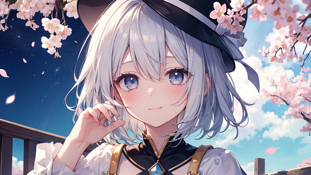 super high quality, with a girl, 20-year-old, very short hair, long bangs between the eyes, gray eyes , blue sky, sunlight, very detailed,(masterpiece、highest quality)、alone、gray hair、laughter、fantasy, silver hair, black eye, beautiful eyes,, ???????, charm, be smitten with audience, fantasyな風景、Princess、white clothes、cherry blossoms、hat、night