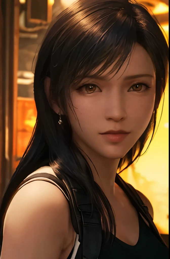 (masterpiece), (highest quality), 8K resolution, super detailed, super detailed, realistic, picture, photorealism, (1 girl), Tifa, Final Fantasy VII, Tifa・ロックハート, concrete wall,metal pipe,Red eye for details,detailed double eyelids,dark brown short hair,slender body shape,model body shape,bustＢcup,