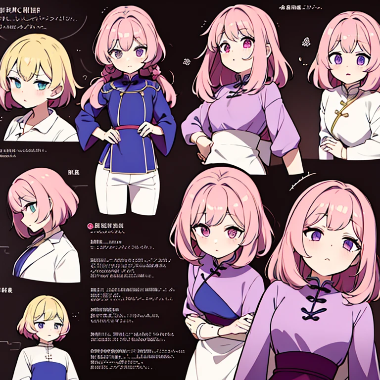 Personagem feminino,cabelo longo,cheio e ondulado de cor castanho escuro, seus olhos castanhos escuro, cor da pele parda, in anime version, de cores das veste branca, with pink and lilac details, em desenho flores, an anime style female character and a bomb master who is from china in the medieval period Model sheet.