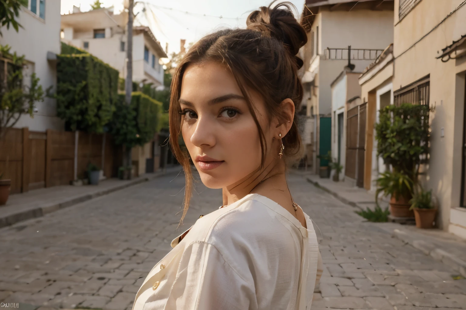 (Foto plano medio tomada en perspectiva) modelo pelirroja posando en una calle parisina de noche, obra maestra, super realista, foto moda, calidad ultra, (photoRealista:1.4), cinematic lighting, luz coherente, sombras coherentes, profundidad de campo, foto cruda, 8k UHD, 1 chica, ojos detallados, piel detallada, Realista, pelo colorado, topknot, pelo largo, lipstick, joyas, al aire libre