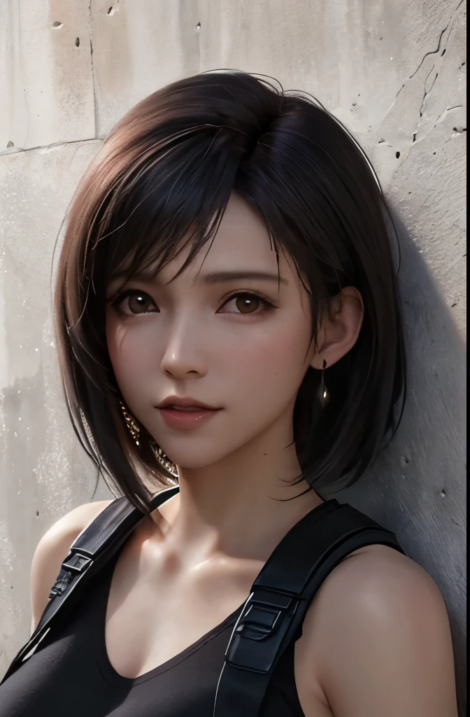 (masterpiece), (highest quality), 8K resolution, Super detailed, Super detailed, realistic, photograph, photorealisticim, (1girl), Tifa Lockhart、small face、30 years old mature woman、no makeup、natural makeup、Detailed beautiful eyes、double eyelid,short hair、Dark brown color、Bust B Cup、、cool pose、Background concrete wall、