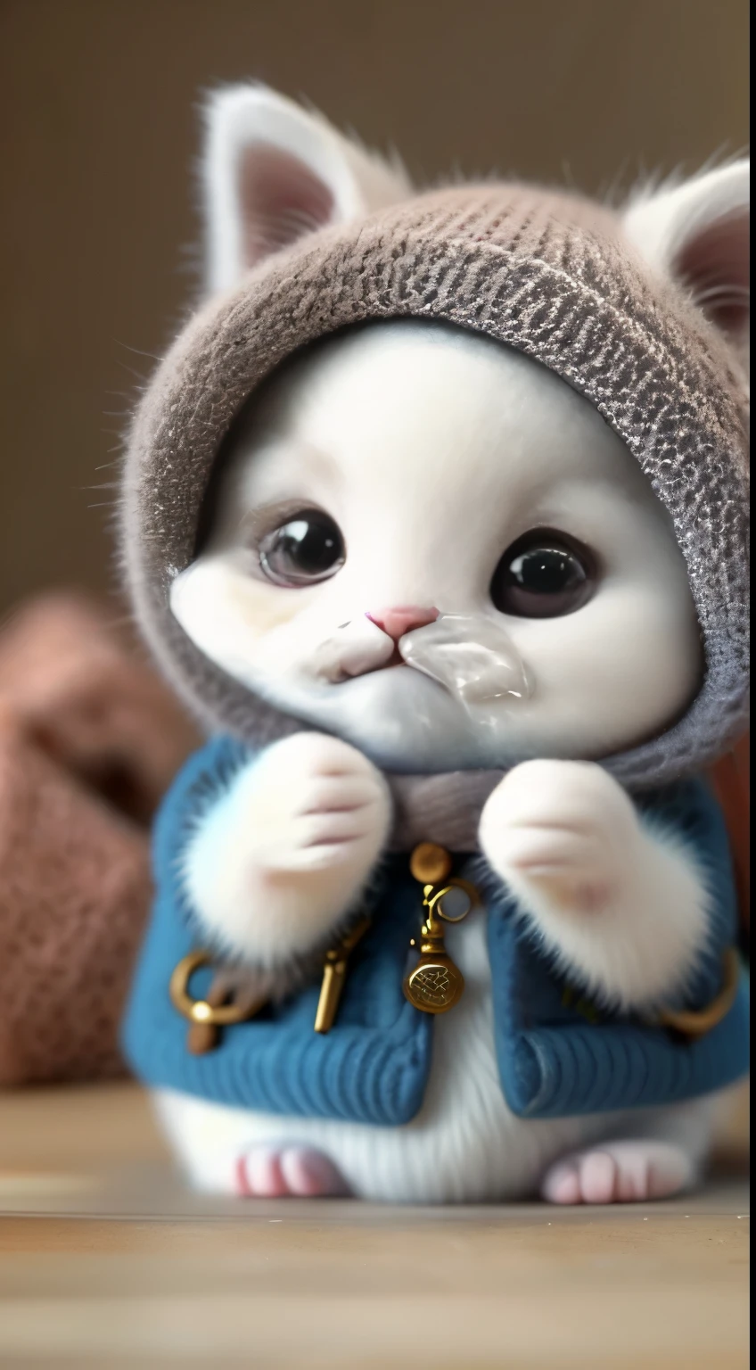 kitten in clothes, miniature kitten, Animal focus, bearded, Realistic, Gonzo hand, ambiguous background,smile,interesting、