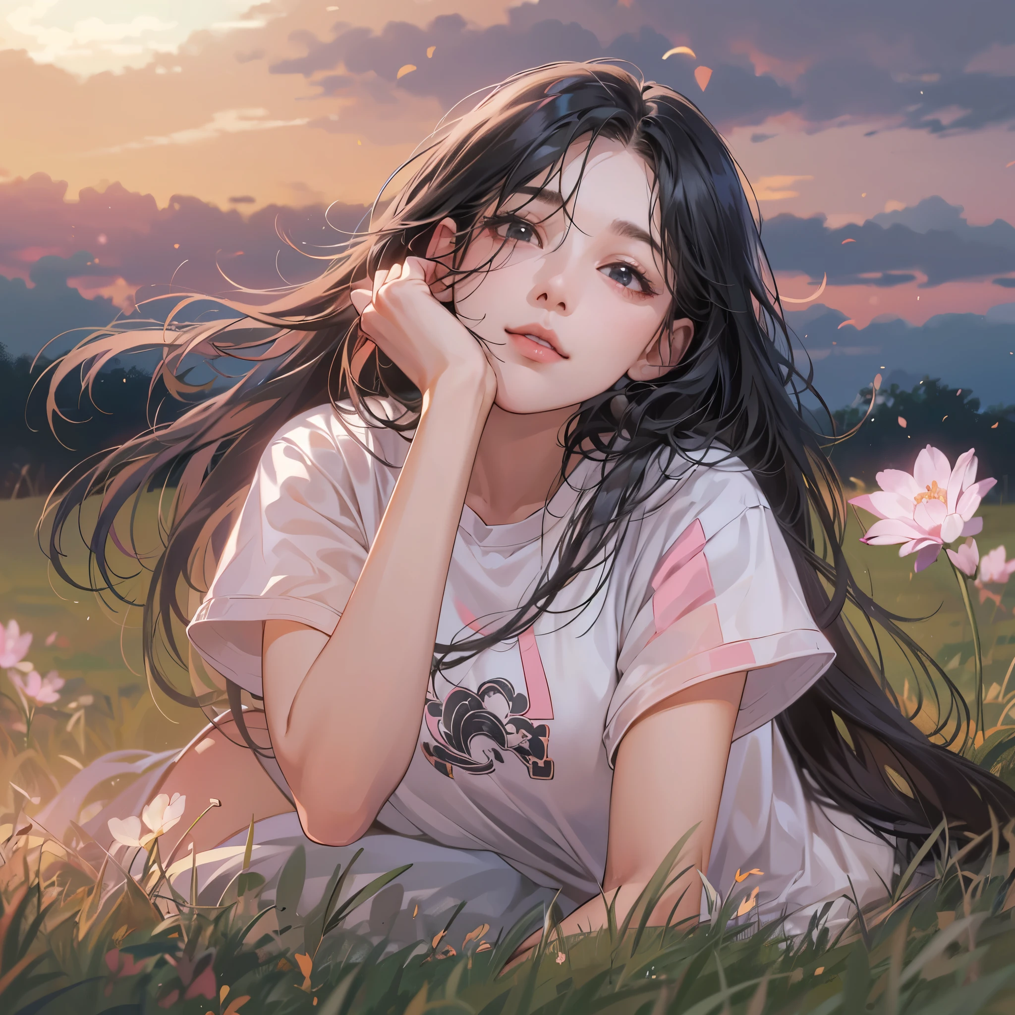 ( highres, ultra detailed, realistic, )(解剖学正确）, 1  girl,long black hair, wind blow，pink white stripe T-shirt, lying on the grass, black eyes，looking at the sky, sunset sky background, ultra - detailed, best quality, Detailed diagram, vectorized, 8K, Graphic design, vector lines, Full-HD,仰视角度