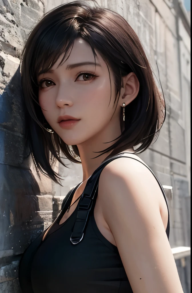 cinematic lighting、perfect、soft light、High resolution skin:1.2、realistic skin texture、Tifa Lockhart、small face、30 years old mature woman、no makeup、natural makeup、Detailed beautiful eyes、short hair、Dark brown color、Bust B Cup、、cool pose、sexy pose、Full-body photographs、Beautiful style、Background concrete wall、