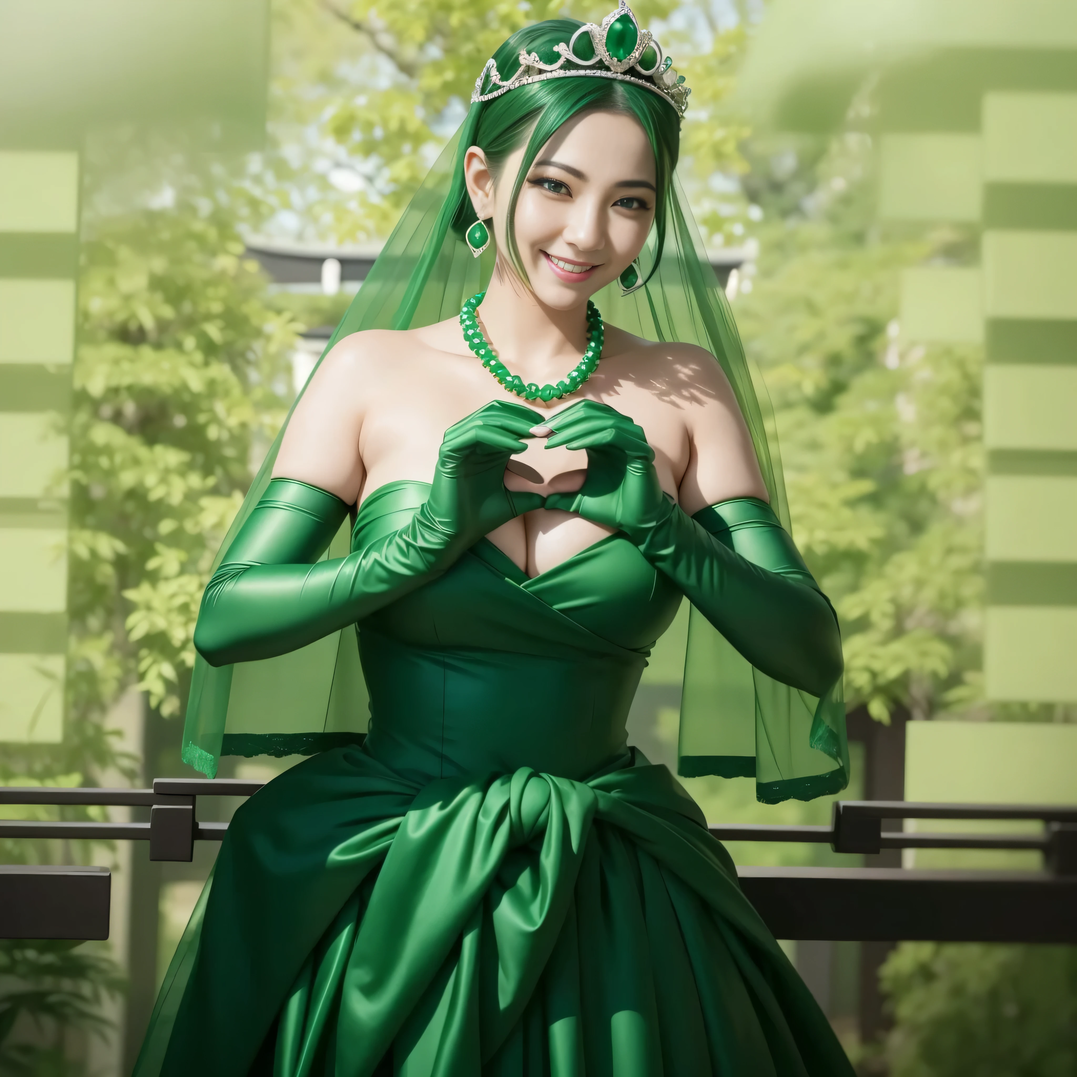 emerald tiara, green pearl necklace, ボーイッシュな非常に短いgreen hair, lipstick, smiling Japanese woman, very short hair, Beauty with large breasts, green eyes, Long Green Satin Gloves, green eyes, emerald earrings, green veil, heart with both hands, green hair, Beautiful Japan woman in her 30s, heart shaped hand:1.3