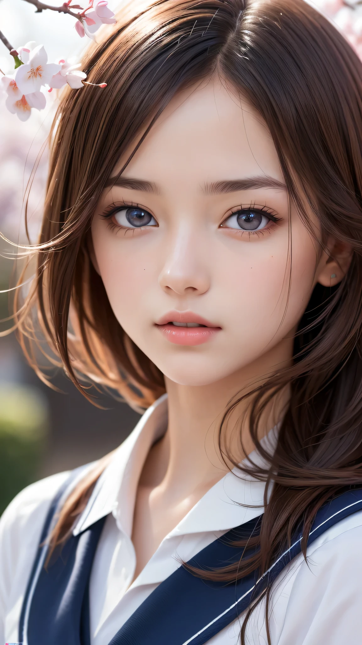 (1girl), (Best Quality:1.4), (Ultra-detailed), (extremely detailed CG unified 8k wallpaper), Highly detailed, High-definition raw color photos, Professional Photography, Peanut butter brown hair, Amazing face and eyes, Pink eyes, (amazingly beautiful girl), sailor uniform, school uniform, School, Spring, cherry blossoms,