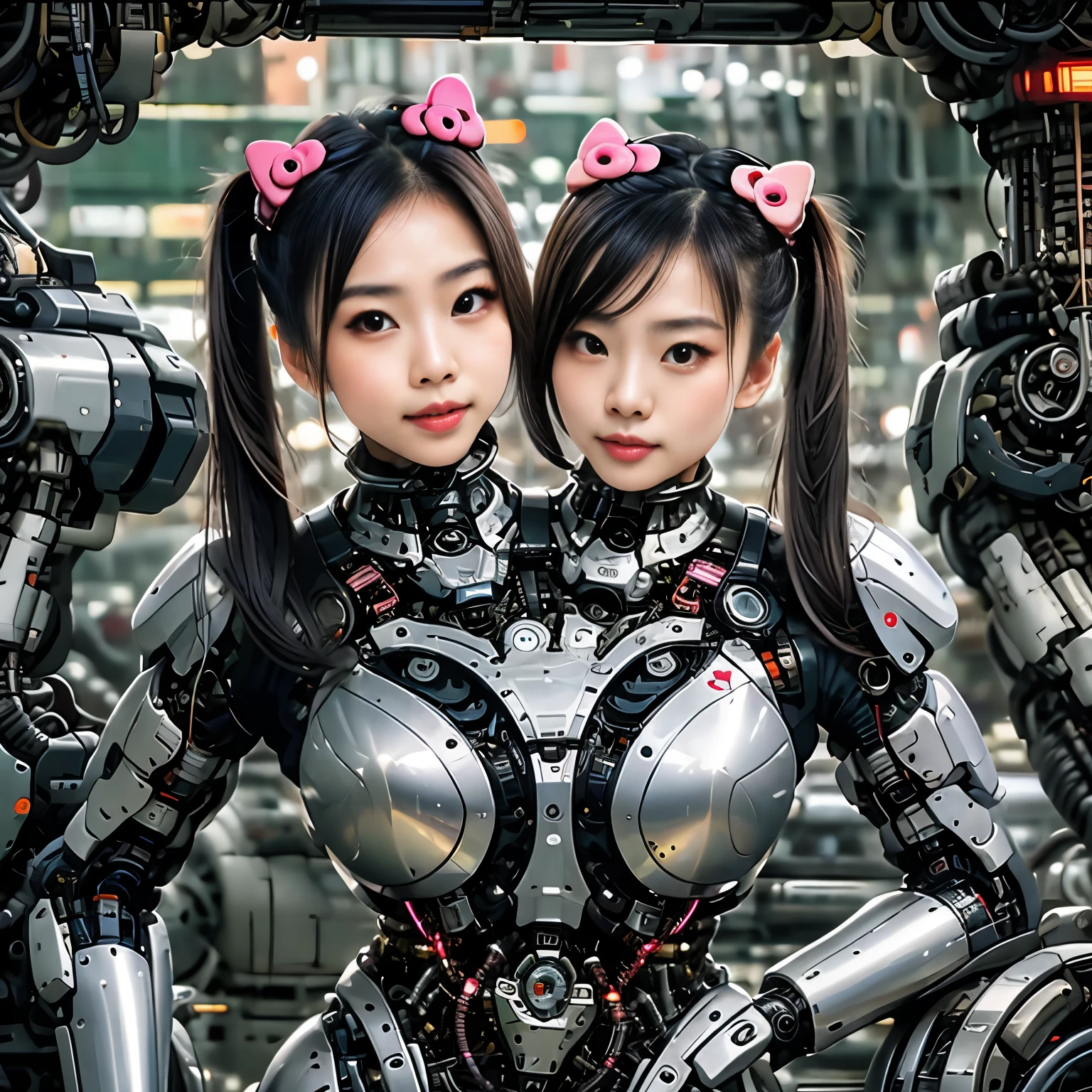 best resolution, 2heads, asian cyborg woman with two heads, pigtails hair, pink robot body, hello kitty stickers, mechanical background