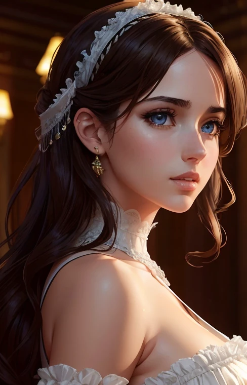 brown hair, blue eyes, ana de armas, hair with many details, beautiful, 8k artgerm bokeh, fanart best artstation, render photorealistic girl, art in the style of guweiz, inspired by WLOP, ig model | artgerm, deviantart artstation cgscosiety, At a party in a ballroom, in a mansion in regency era London, a beautiful young victorian woman, middle-aged woman, ana de armas, wearing a victorian ball gown with bare shoulders, covering her arms with an extremely luxurious coat, white skin, updo hair, brown hair, extremely detailed blue eyes, detailed symmetric realistic face, extremely detailed natural skin texture, masterpiece, absurdres, nikon d850 film stock photograph, kodak portra 400 camera f1.6 lens, extremely detailed, amazing, fine detail, rich colors, hyper realistic lifelike texture, dramatic lighting, cinestill 800 tungsten, raw photo, high quality, highres, sharp focus, extremely detailed, cinematic lighting, 8k uhd