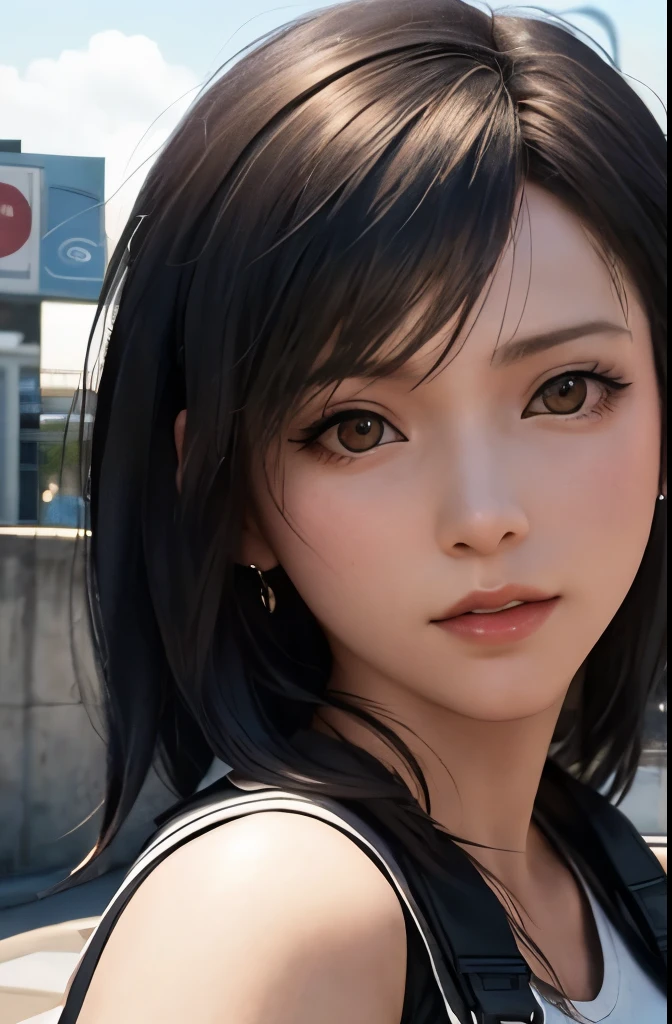 (masterpiece), (highest quality), 8K resolution, Super detailed, Super detailed, realistic, photograph, photorealisticim, (1girl), Tifa Lockhart、small face、30 years old mature woman、no makeup、natural makeup、Detailed beautiful eyes、short hair、Dark brown color、Bust B Cup、、cool pose、全身の写ったphotograph、Beautiful style、Background concrete wall、