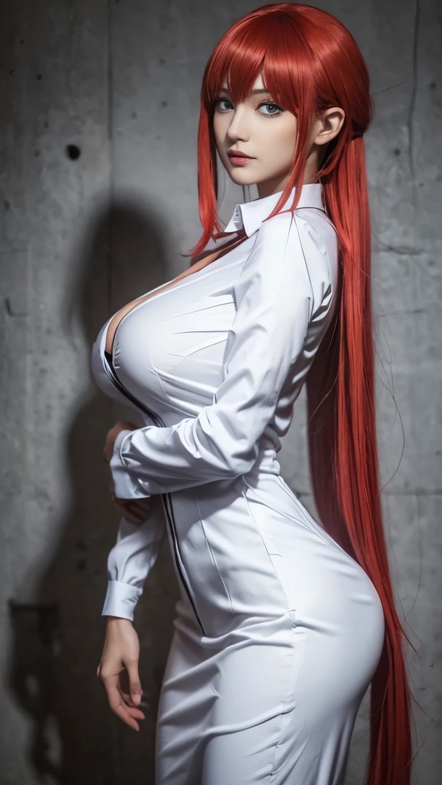 , ((anime cosplay)), 1 girl, wide range photoshoot, wide range, (milf), beautiful face, clear face, ((hot body)), ((makima dress)), Wearing office suit, ((white full sleeve shirt and full leg black pant)), ((chainsaw man)), ((assassin suit dress)), ((cosplay dress)), ((((Huge breasts: 0.8)))), ((no breasts)), coverd, (((Realistic))), ((well dressed)), waist curve pose, front side, (8k, RAW photo, top quality, masterpiece), (Realistic, photorealistic: 1.9), ((Full body shot)), stylish pose, ((Highly detailed skin: 1.2)), ((Realistic: 1.9)), Photos, masterpieces, top quality, (beautiful blue eyes, gorgeous red hair, white skin, thick body, lower abdomen bristles, perfect slim figure), various poses, ultra-detailed face, detailed eyes, a lot of people are looking at her with excitement, (((no close-up)))