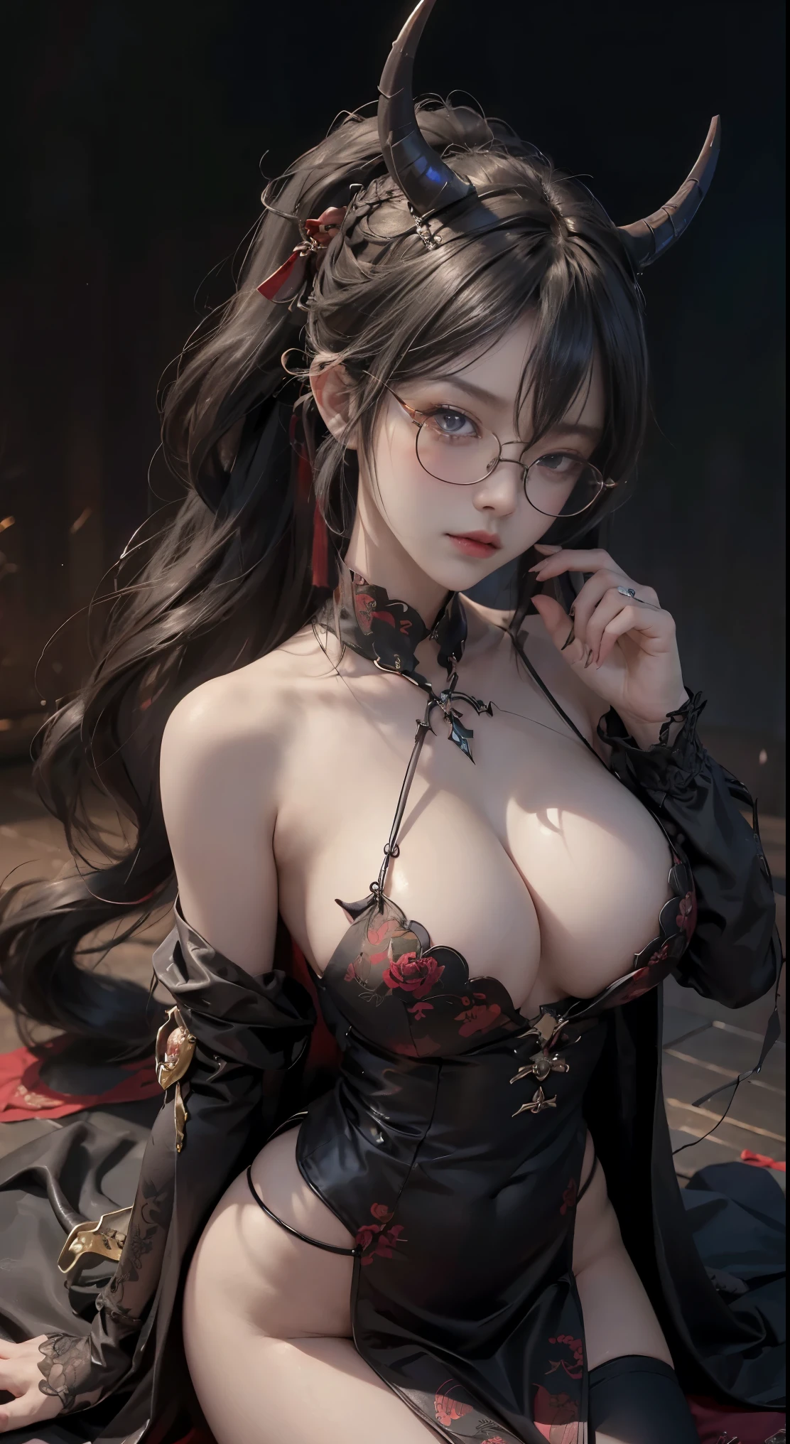Are you okayですかですか、(best illustrations)、8k UHD resolution、intricate details、highest quality、realistic、Super detailed、best lighting、best shadows、soft lighting、Ultra HD、超realistic、Tyndall effect、Photoreal、(high detail skin:1.2)、 (intricate details, compensate, face to face with the children_v1:0.5), (Are you okay, beautiful and delicate face, Are you okayですか, beautiful and delicate eyes, perfectly proportioned face, high resolution skins, fine skin, Optimal ratio of 4 fingers and 1 thumb, arm under chest, red tattoo on lower abdomen、wow wow, wide hips, smooth abdomen, thin and thin skin, __fashion__, __hair__:1.25)、Digital single-lens reflex camera、 absurd、地獄から来た美しいdevilの女性, Surreal female portraits by David Hockney and Alphonse Mucha, Portrait of a seductive woman、fantasy art, chinese doll、Chinese actress、dungeon、dragon、devil&#39;Palace of、devil&#39;torture chamber、night、dark style 、in the dark、(detailed spooky background:0.8), magic、 1 girl、evil nun、dark necromancer、Succubus、devil&#39;Daughter of、Shinonome Umi、bat wings，(((devil&#39;Horn)))、 ((((giant glasses, otaku glasses, thick glasses, round glasses)))),(((big breasts)))、(devil&#39;Tail)、(red eyesは光り輝いて:1.6)、red eyesは非常に鮮明で詳細です, Your eyes are made up so beautifully, ((red eyes:1.0)),intricate tattoo, demonic intricate tattoo, Tattoo on the thigh, body tattoo, masterpiece、the most beautiful face、baby face、cute smile、beautiful plump red lips、muscular seductive body、devil&#39;seductive body、devil style、Fascinating black magic costume、(((光沢のある赤い蛇が彼女body ofに巻き付いています)))、The long-haired、Braid、Black hair、Ponytail distortion、, Ponytail with a bow tied at the back of the hair, beautiful expression、body up、big breasts強調、bust,  super tight chest, Breast augmentation surgery, The chest is very large and round,tight waist、wide ass、 private key, cowboy lens, (Black Phoenix Dress: 1.0),  devil crown,  red sparkling gemstone necklace、Jewelry G Wise,  Please wear black mesh socks,wearing a thin red and black robe, Hands pull the straps to expose sexy breasts, Protagonist Close-up, nffsw, nffsw, meet beautiful girls, looking at girl&#39;body of,(upper body portrait), Protagonist Close-up