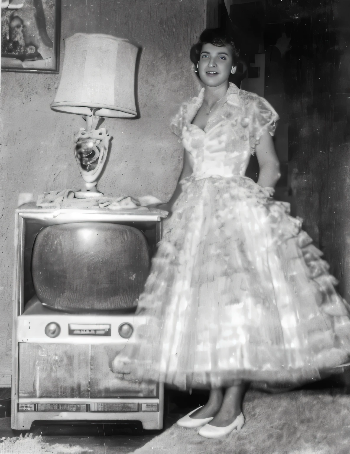Mujer arafed con un vestido parada frente a un televisor., 1950, 1 9 5 0, 1 9 5 6, 1956, foto 1960, alrededor de 1958, 1 9 5 5, 1955, Press photo from the 1950s, 1 9 5 0, 1950s
