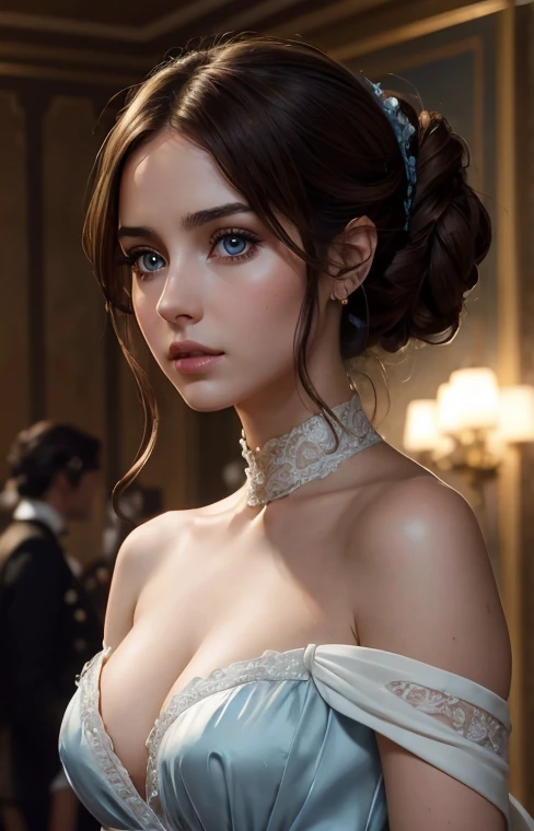 8K, ultra hd, masterpiece, portrait Alyssa Arce, detailed eyes, very short hair, impressive hairstyle, earings, necklace, big breasts, see-through, Cinderella costume, Light-colored foundation brings out the