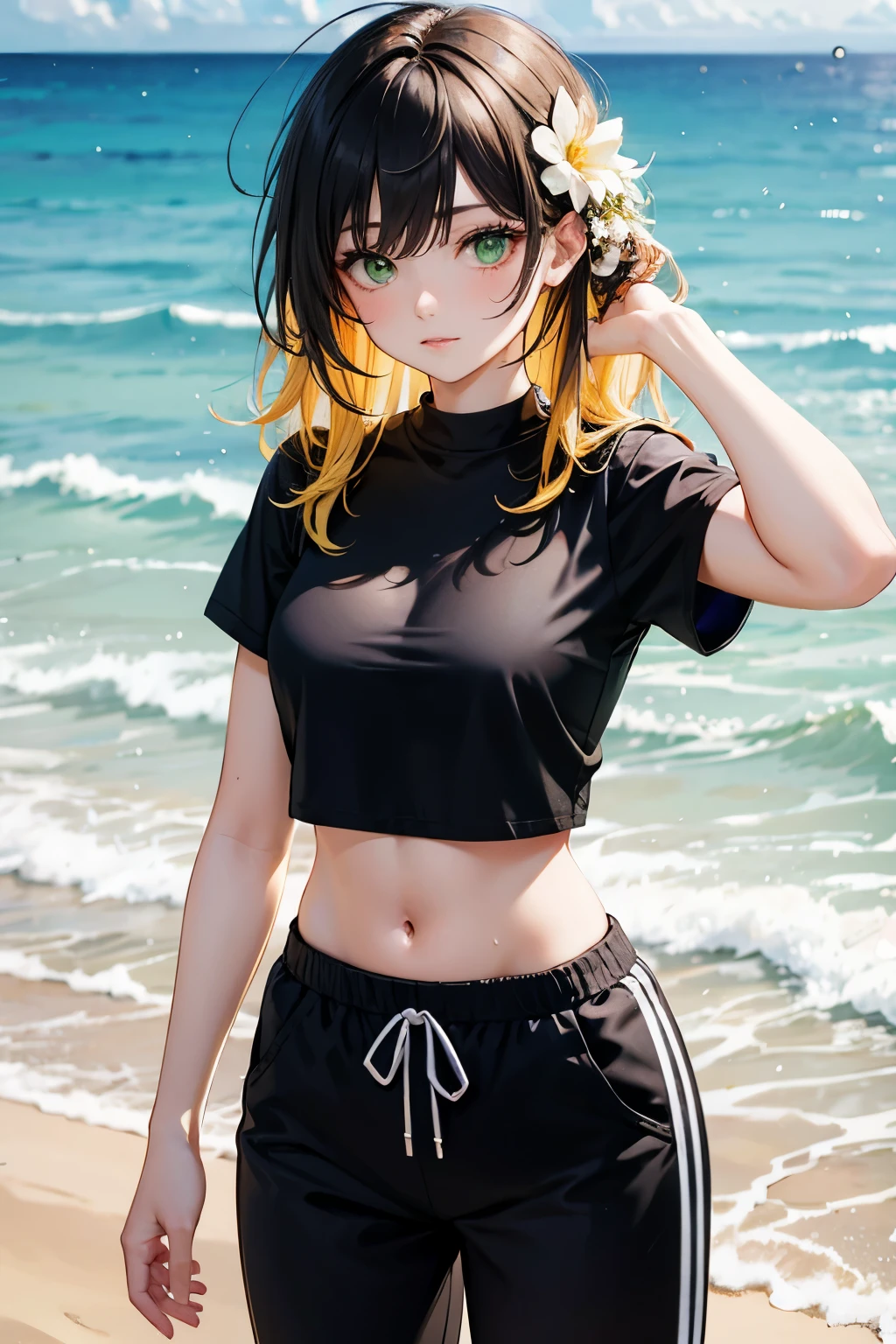 Yellow hair girl, long messy hair, black hair highlights, green eyes, black cropped shirt, with for flower, white sweatpants, madure aesthetic body, in beach