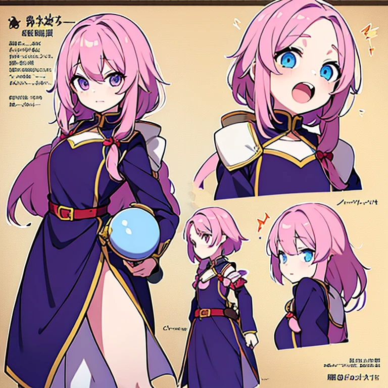 Personagem feminino,cabelo longo,cheio e ondulado de cor castanho escuro, seus olhos castanhos escuro, cor da pele parda, de cores das veste branca, with pink and lilac details, em desenho flores, an anime style female character and a bomb master who is from china in the medieval period Model sheet.