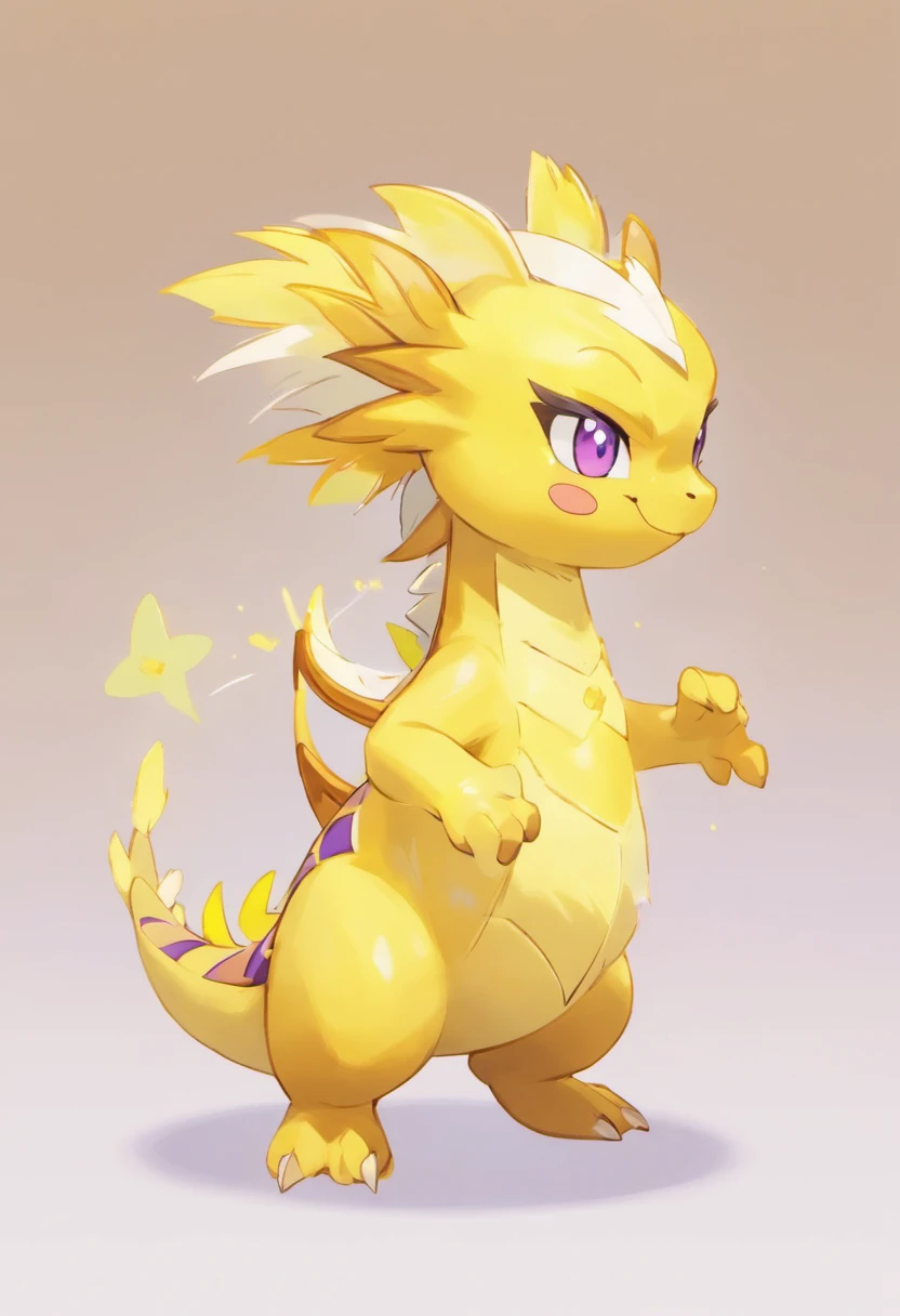 Cute cartoon electric dragon , long and lean body, Chinese dragon style, yellow body, purple details, feathers, Watercolor texture style,Popmart blind box,claymaterial,Bright background,depth of fields,pixar trend,hyper realisitc,Ray traching,Complicated details,animation lighting,full bodyesbian