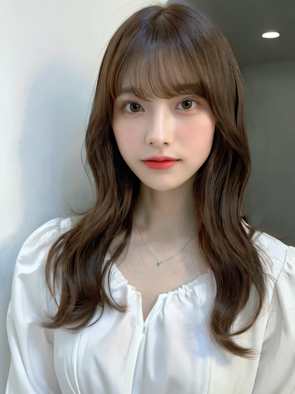 woman with long hair and white blouse, princess cut, Hair of medium length, shoulder length hair, shoulder length hair, medium hair, curtain bangs, brown color, short～medium hair, mid long hair, Rena name year style 3/4, kasumi arimura style 3/4、white wall、Taken in front of the white door、((窓のあるwhite wallの部屋))、Versatile poses、simple necklace