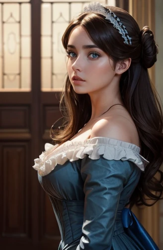 brown hair, blue eyes, ana de armas, hair with many details, beautiful, 8k artgerm bokeh, fanart best artstation, render photorealistic girl, art in the style of guweiz, inspired by WLOP, ig model | artgerm, deviantart artstation cgscosiety, At a party in a ballroom, in a mansion in regency era London, a beautiful young victorian woman, middle-aged woman, ana de armas, wearing a victorian ball gown, covering her arms with an extremely luxurious coat, white skin, updo hair, brown hair, extremely detailed blue eyes, detailed symmetric realistic face, extremely detailed natural skin texture, masterpiece, absurdres, nikon d850 film stock photograph, kodak portra 400 camera f1.6 lens, extremely detailed, amazing, fine detail, rich colors, hyper realistic lifelike texture, dramatic lighting, cinestill 800 tungsten, raw photo, high quality, highres, sharp focus, extremely detailed, cinematic lighting, 8k uhd