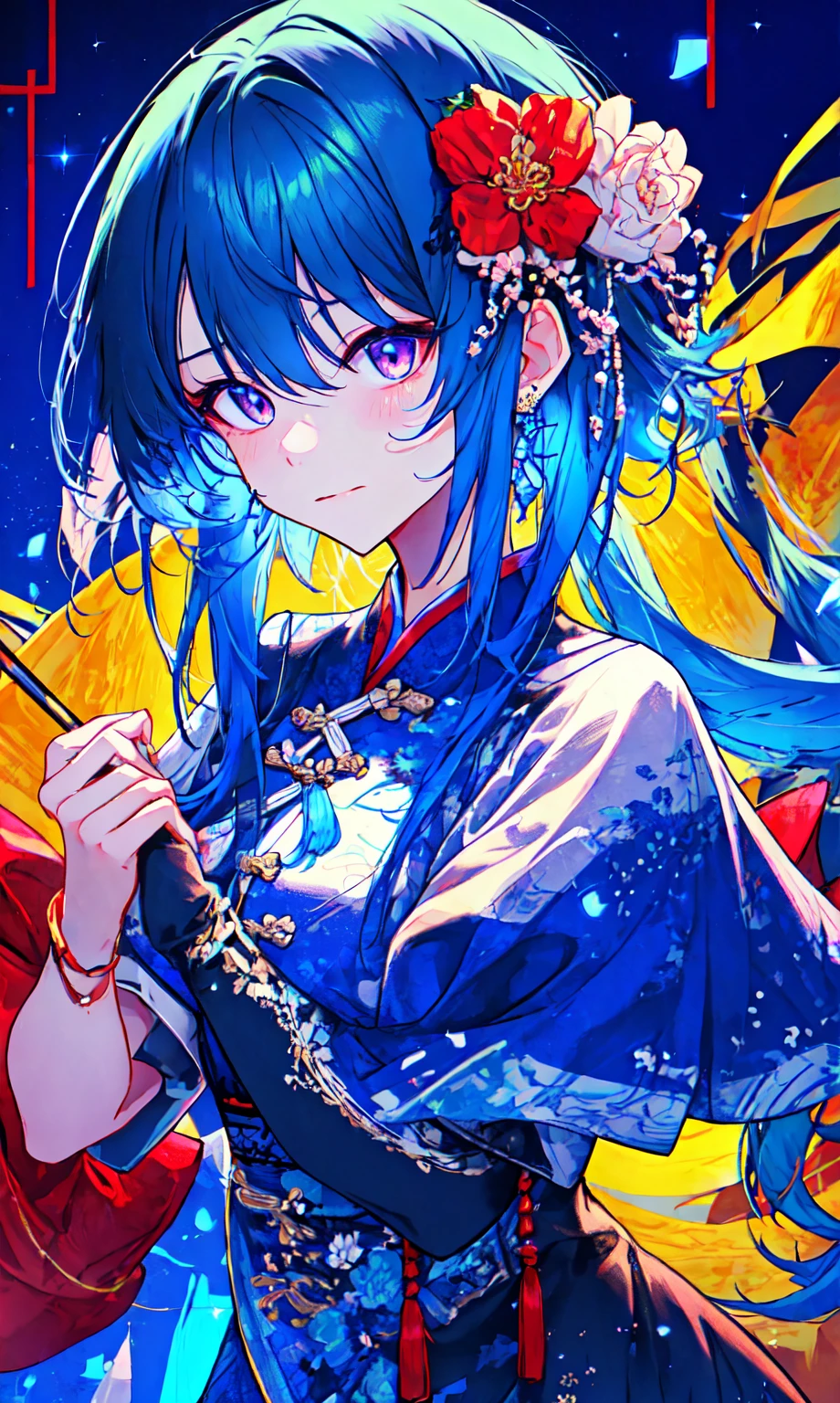 (17-year-old girl), (sharp eyes), solo, (perfect face), (detailed outfit), closed mouth, soft smile, (holding a tanghulu), (lunar new year), blue hair, sidelocks, hair between the eyes, bangs, short hair, (neck-length hair), pink eyes, fair skin, medium breasts, (flower ornament), (hairclips), (fingerless gloves), outdoor, blue night, (blue starry sky), (bright), (effects), (masterpiece), (best quality), (sharp focus), (depth of field), (high res), (colorful:1.2), vivid, (beautiful lighting), (slight blue tint)