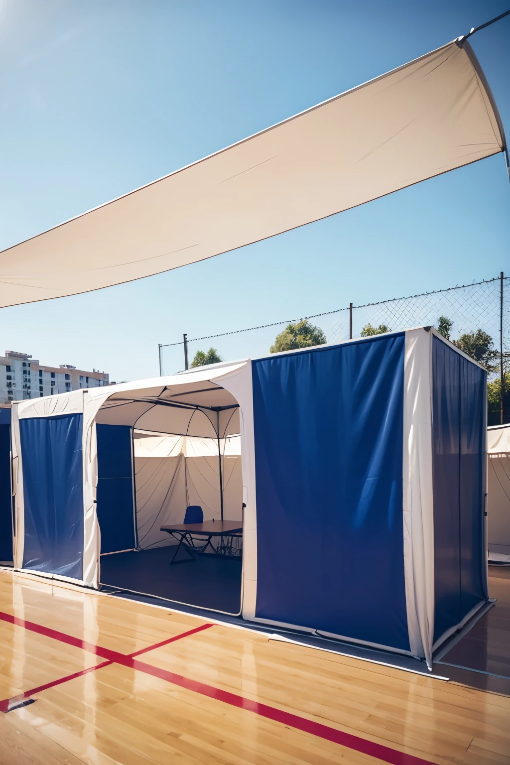 Spacious basketball court,Neatly arranged recruitment booths,Neat and neat tent,Bustling students looking for jobs,3D,4K