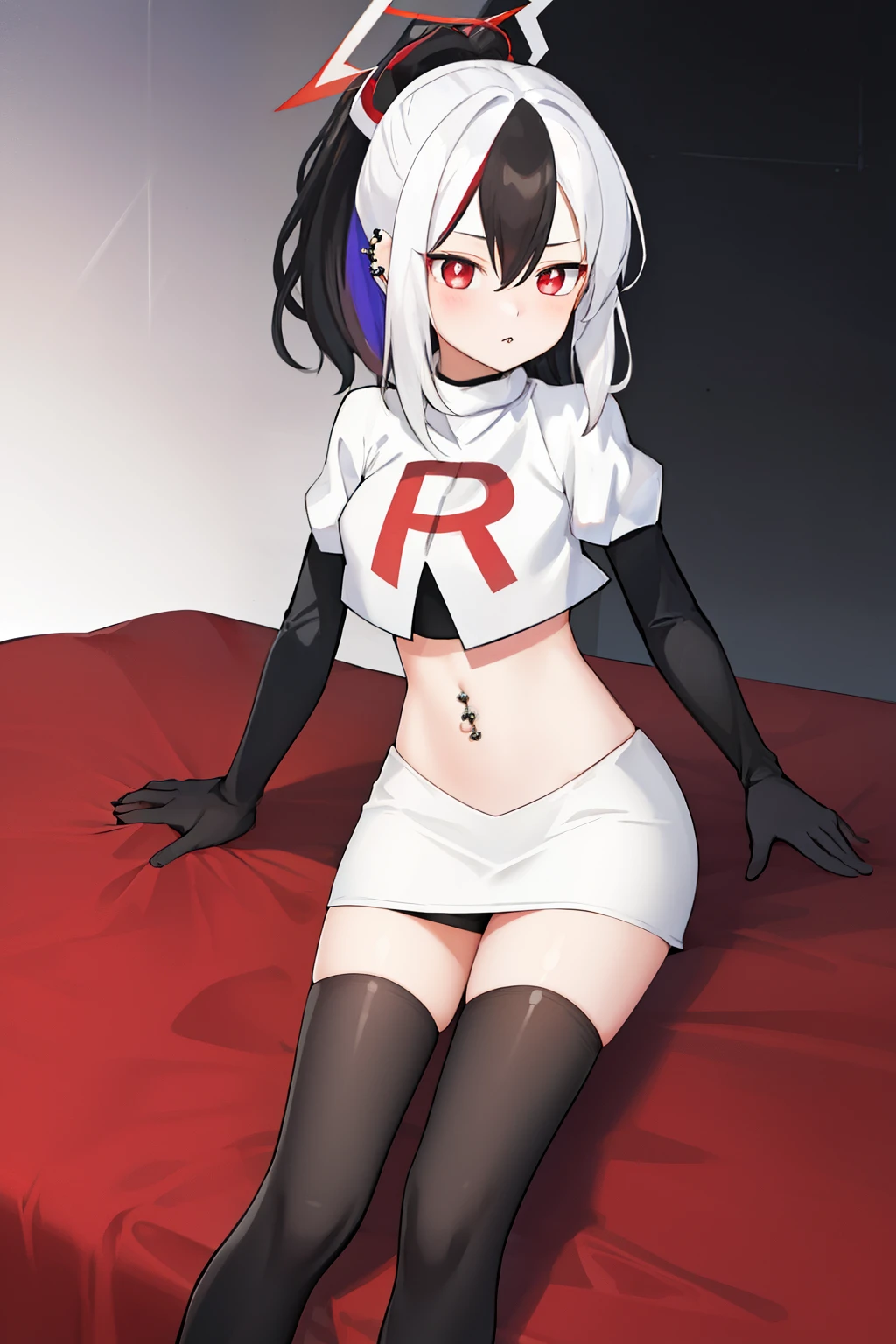 best quality, masterpiece, highres, solo, {kayoko_bluearchive:1.15}, black_hair, multicolored_hair, white_hair, horns, two-tone_hair, red_eyes, bangs, halo, piercing, hair_between_eyes, ear_piercing, ponytail, blush, earclip, long_hair, team rocket,team rocket uniform, red letter R, white skirt,white crop top,black thigh-highs,black elbow gloves