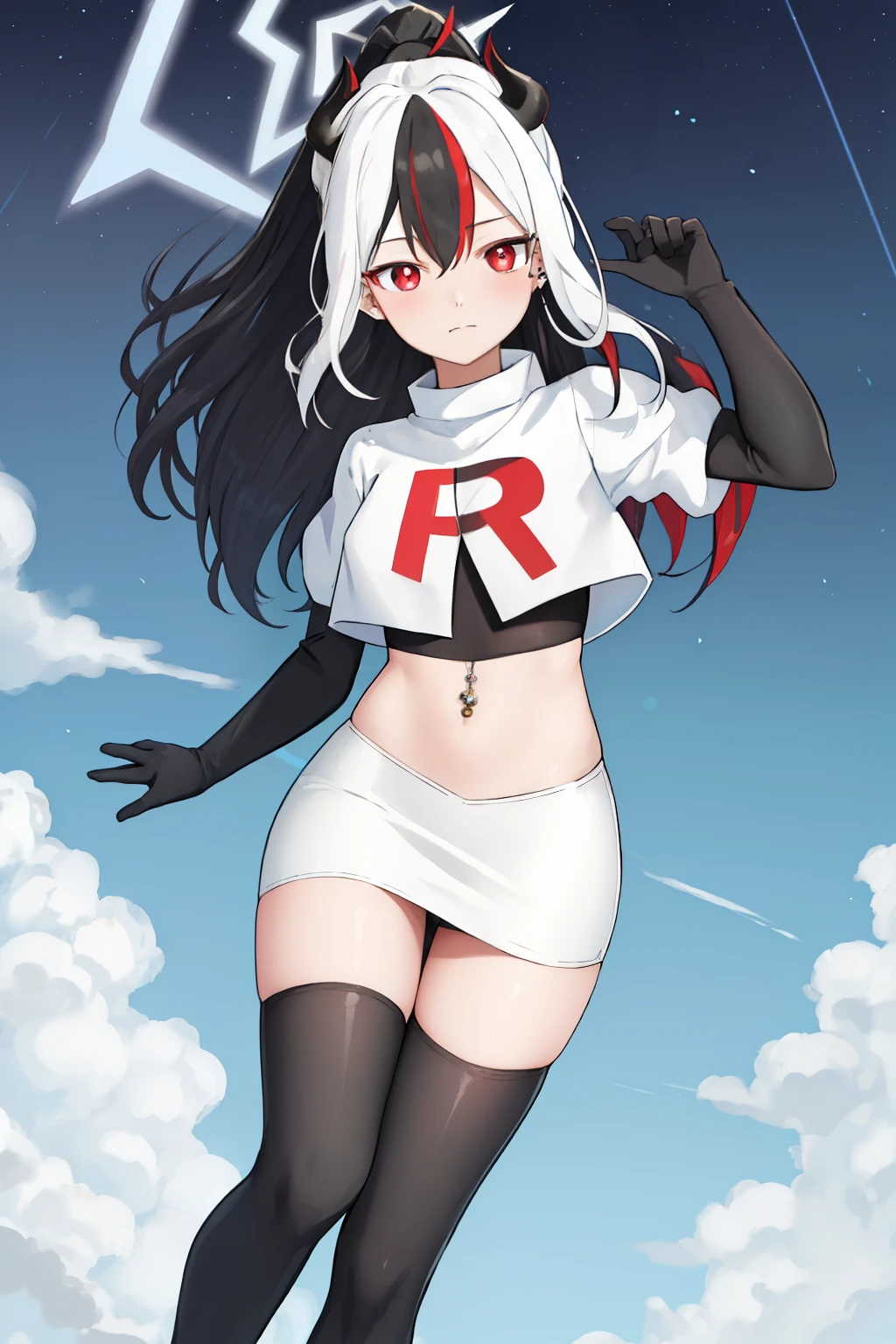 best quality, masterpiece, highres, solo, {kayoko_bluearchive:1.15}, black_hair, multicolored_hair, white_hair, horns, two-tone_hair, red_eyes, bangs, halo, piercing, hair_between_eyes, ear_piercing, ponytail, blush, earclip, long_hair, team rocket,team rocket uniform, red letter R, white skirt,white crop top,black thigh-highs,black elbow gloves