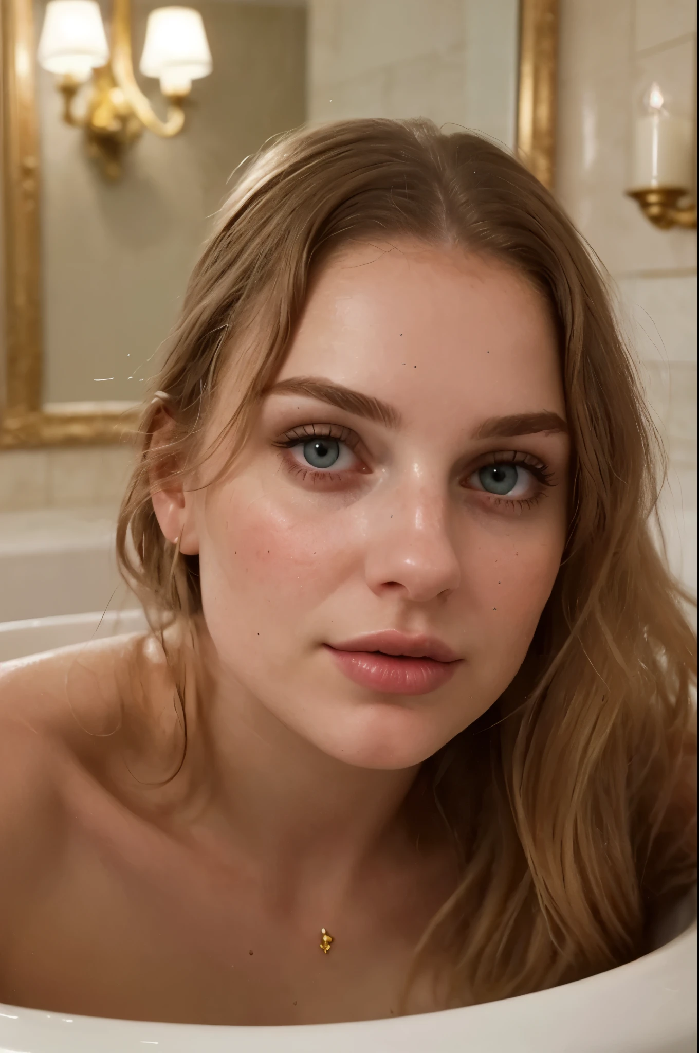 face close-up of a stunning Russian girl in a lavish bathroom --automatically generated-- s2-imagine-- DLR chamber:
A beautiful Russian girl gazes into the mirror with an introspective expression, her face framed by the ornate gold edges of an antique bathroom vanity. Her eyes, dark and deep, reflect the soft glow of the room's chandelier. Her full, plump lips are a rosy pink, and her nose, straight and defined, is the perfect counterpoint to her delicate facial features. The steam from the bath envelops her, making her damp, glowing skin seem even more exotic and inviting. Her long, flowing, chestnut-